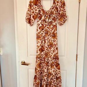 Brown Puff Sleeve Maxi Sundress for Wedding Guest